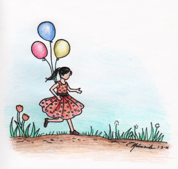 Hopping Girl with Balloons